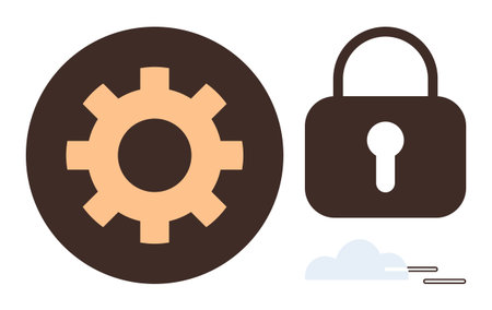 Gear and lock icons next to a cloud suggest technology, security, optimization, and data management. Ideal for cybersecurity, cloud technology, system integration, privacy, IT systems data securityのイラスト素材
