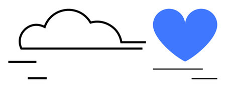 Black-outlined cloud and solid blue heart with minimalistic lines, symbolizing nature, love, simplicity, balance, care, connection, and positivity. Ideal for sustainability campaigns simple landingのイラスト素材