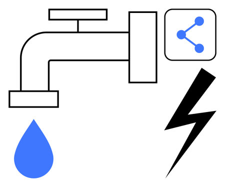 Faucet releasing water droplet, network node symbol, and lightning bolt combining water management, energy use, and technology. Ideal for sustainability, innovation, resources, utilitiesのイラスト素材