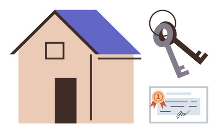 House with pitched roof, two vintage-style keys, and certificate with a ribbon. Ideal for real estate, homeownership, property investment, renting, housing achievement or success concepts. Simpleのイラスト素材