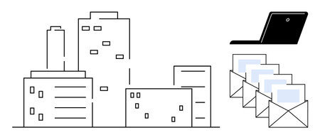 Modern city buildings paired with a laptop and stack of envelopes representing mail. Ideal for...