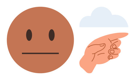 Neutral face expressing indifference, hand pointing towards a light cloud. Ideal for emotion, choices, mood, confusion, neutrality, direction uncertainty. Simple flat metaphorのイラスト素材