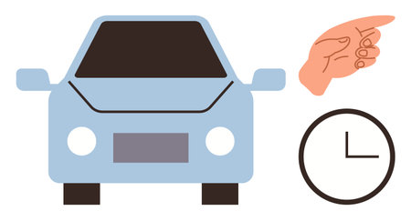 Blue car, hand pointing right, and clock suggesting time management, travel planning, punctuality. Ideal for transportation, automation, navigation, scheduling logistics efficiency mobilityのイラスト素材