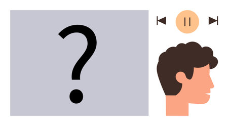 Large question mark representing doubt next to a human profile and media control buttons for...