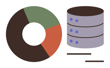Pie chart divided into segments beside a stack of server icons with lines indicating data flow. Ideal for data storage, analytics, cloud computing, distribution, insights, technology, businessのイラスト素材