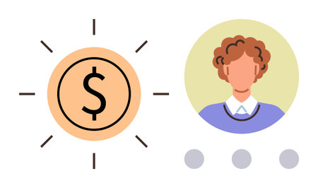 Dollar icon surrounded by rays next to a user profile with curly hair, circular frame, and...
