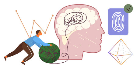 Man untangling yarn symbolizing mental clarity and problem-solving, brain outline with tangled...