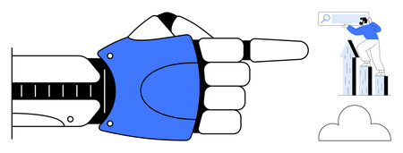 Robotic hand pointing forward while a person on a chart examines a search bar. Ideal for technology, innovation, AI interaction, guidance, data analysis, progress, and teamwork. Simple flat metaphorのイラスト素材
