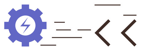 Blue gear with a lightning bolt and scattered lines symbolizing energy, speed, efficiency, and automation, alongside arrow-thumbs up elements representing direction. Ideal for innovation, processのイラスト素材