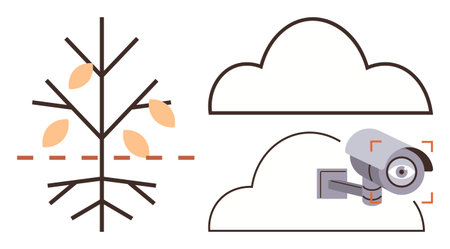 Bare minimalistic tree shedding leaves paired with a surveillance camera inside clouds. Ideal for...