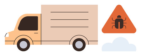 Yellow delivery truck alongside an orange triangular warning sign with a bug icon, accompanied by a cloud. Ideal for logistics, transport alerts, safety, pest control, malware, hygiene, simple flatのイラスト素材