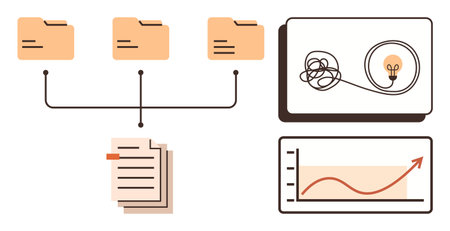 Folders linked by lines, documents, tangled cable with lightbulb on tablet, and upward graph. Ideal...