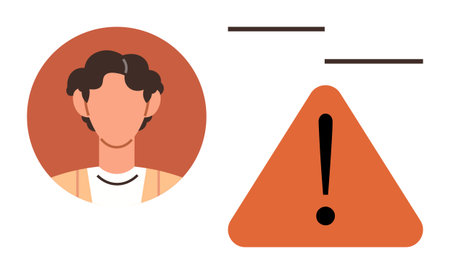 Profile of a person next to a triangular alert sign with an exclamation mark, symbolizing caution,...