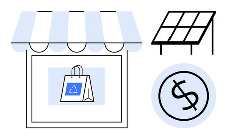 Storefront facade with eco-bag, solar panel, and dollar sign symbolizing sustainability, renewable energy, and cost efficiency. Ideal for green business, energy-efficient retail, clean energy