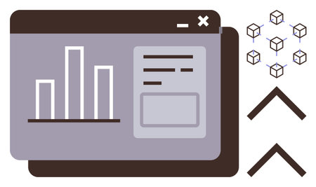 Bar chart and interface in browser window, surrounded by geometric floating cubes, arrows. Ideal for...