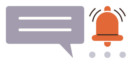 Message bubble with two lines, orange bell with vibration marks, and three dots. Ideal for communication, alarm, updates, message, notification, alert reminder simple flat metaphorのイラスト素材