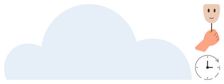 A hand holding a smiling face mask, a clock symbolizing passing time, and a large cloud represent hidden emotions, time management, mental health, and self-discovery. Ideal for emotional awarenessのイラスト素材