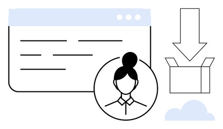 Digital interface with profile icon, download arrow pointing to open box, and cloud element. Ideal for user profile, data upload, cloud computing, software, storage online services teamwork. Simpleのイラスト素材