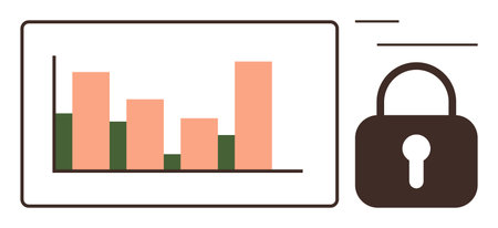 Bar chart showcasing data analytics next to a locked padlock symbolizing cybersecurity and restricted access. Ideal for data privacy, internet security, business analysis, online safety, secureのイラスト素材