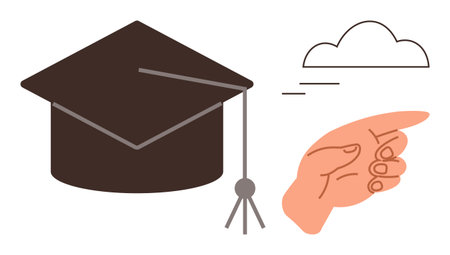 Graduation cap, hand pointing forward, and cloud symbolizing achievement, direction, and aspirations. Ideal for academia, goals, career success, guidance future planning ambition and simple flatのイラスト素材