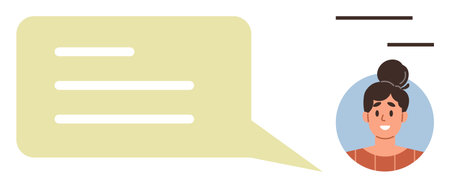 Speech bubble with text next to a female user profile in a circle. Text accents emphasize conversation. Ideal for communication, chat, dialogue, profile, feedback, messaging, virtual connectionのイラスト素材