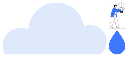 Person holding light bulb near large cloud and water drop, symbolizing creative ideas, environmental solutions, resource management, technology, renewable energy, teamwork, and sustainable growth. Aのイラスト素材