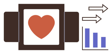 Heart on smartwatch display with arrows and bar chart representing health tracking, fitness goals, and data analysis. Ideal for technology, health, fitness, monitoring, analytics, medical careのイラスト素材