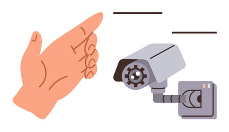 Hand stopping a security camera recording highlights privacy, monitoring, or control themes. Ideal...