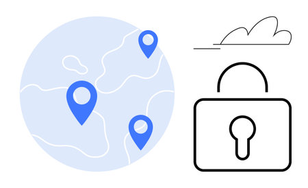 Geolocation pins on globe with padlock icon and cloud element. Ideal for cybersecurity, privacy, cloud computing, data protection, global connectivity, technology, location tracking. Simple flatのイラスト素材