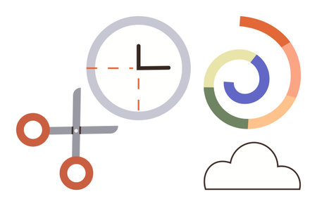 Clock symbol, scissors, cloud shape, pie chart, and spiral graphic evoke planning, creativity, task...