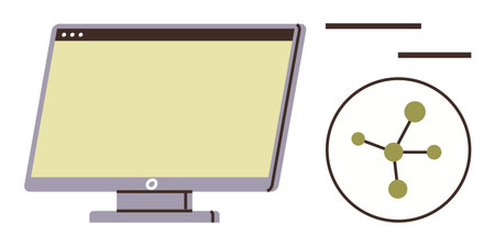 Computer monitor and circle with interconnected nodes representing data sharing, networking, and connectivity. Ideal for technology, communication, teamwork, innovation, information managementのイラスト素材