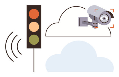 Security camera, traffic light, cloud connection, and wireless signals highlight networked systems for monitoring, control, analysis, data storage, urban planning, automation and safety in a simpleのイラスト素材