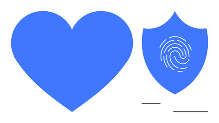 Blue heart beside a shield featuring a fingerprint highlighting love, care, and data protection. Ideal for privacy, cybersecurity, personal safety, digital trust, healthcare, identity simple flatのイラスト素材