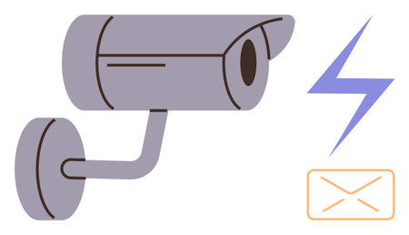 Security camera monitoring environment, blue lightning bolt for energy or alerts, and orange...