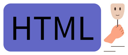 HTML text in bold within a rectangle alongside a hand holding a smiling mask. Ideal for technology,...