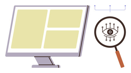 Computer monitor displaying data panels alongside a magnifying glass featuring an eye with digital lines. Ideal for cybersecurity, data analysis, artificial intelligence, privacy, technology trendsのイラスト素材