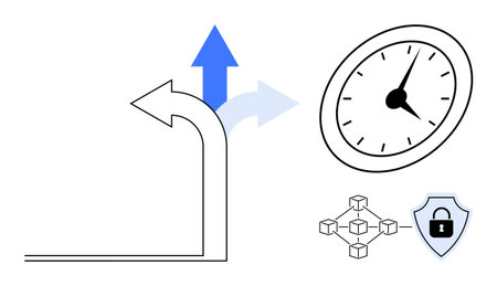 Curved arrow branching into three directions, wall clock for time, blockchain network, and shield...