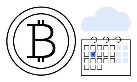 Bitcoin sign next to a calendar with a marked date and a cloud, representing cryptocurrency planning, blockchain technology, finance management, investment timing, digital innovation, online systemsのイラスト素材