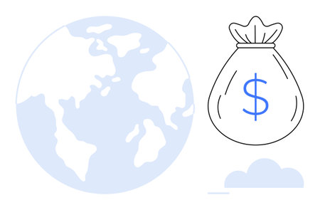 Planet Earth and bag with dollar sign represent global economy, international trade, financial systems, sustainable economy, wealth distribution, globalization, international investment. Simple flatのイラスト素材