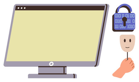 Computer monitor alongside a padlock with binary code and a hand holding a mask. Ideal for...