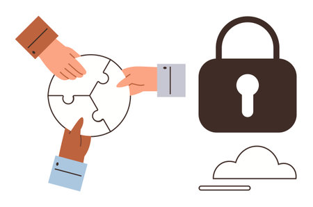 Hands connecting puzzle pieces symbolizing collaboration, a lock representing security, and a cloud for data storage. Ideal for teamwork, data encryption, cloud safety, cybersecurityのイラスト素材