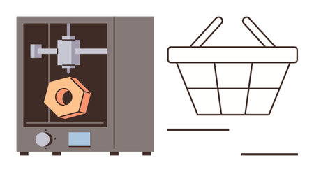3D printer crafting a geometric object with basket beside it, symbolizing production, innovation,...