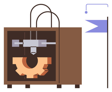 3D printer producing a gear shape with a completion flag beside it. Ideal for technology,...