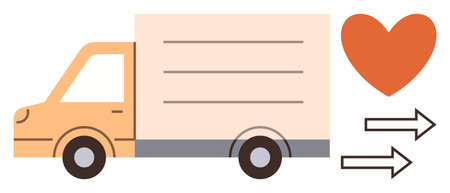 Orange truck, heart shape, and arrows indicate delivery, care, community support, and progress....