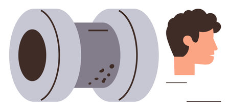 Cross-section of earplug design next to human profile, representing ear protection and noise...