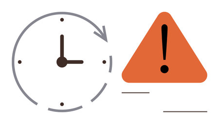Clock with a circular arrow next to a triangular orange warning sign. Represents urgency, deadlines,...