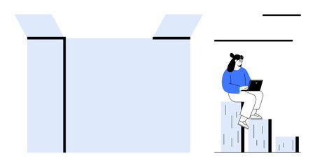 Woman with laptop seated on graph bars, large open box symbolizing opportunity or innovation. Ideal for growth, business, strategy, development, creativity, technology learning. Simple flat metaphorのイラスト素材