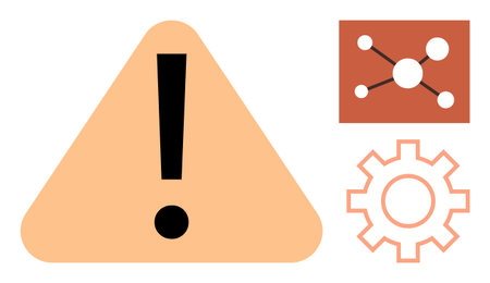 Exclamation mark in a triangle, gear, and network nodes implying caution, system error, or...