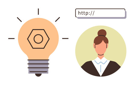 Light bulb with abstract gear element, female profile in circle frame, and browser search bar. Ideal for creativity, technology, innovation, user identity, web development, teamwork online learningのイラスト素材