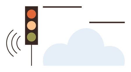 Traffic light emitting wireless signals beside a stylized cloud representing connectivity, innovation, and technology. Ideal for automation, AI, IoT, data sharing, communication, networks simpleのイラスト素材